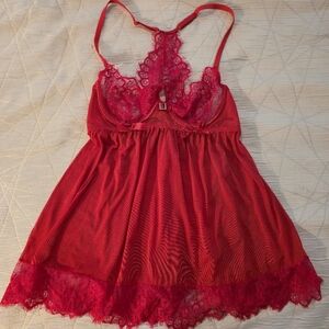 Seven ‘til Midnight Red Lace Babydoll Lingerie Set XL Sheer Mesh Rhinestone